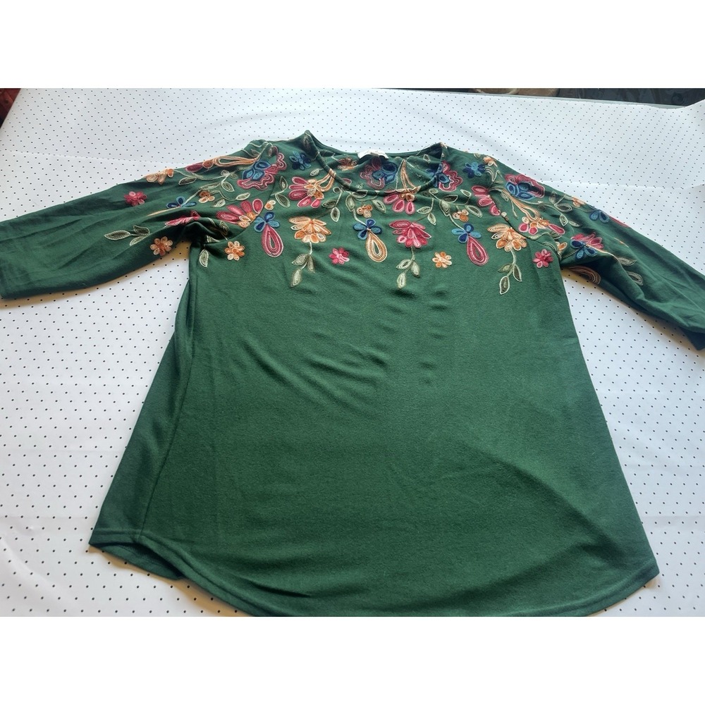 Anthropologie Angeliebo Embroidered Floral Tunic Top Green 2X Boho